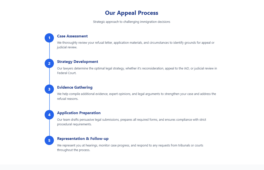 Five-step appeal process for challenging immigration decisions outlined, including case assessment and follow-up.
