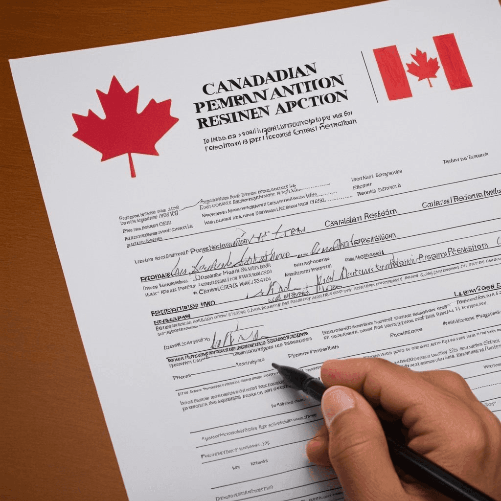 Person filling out Canadian permanent residence application form with a pen on a wooden desk.