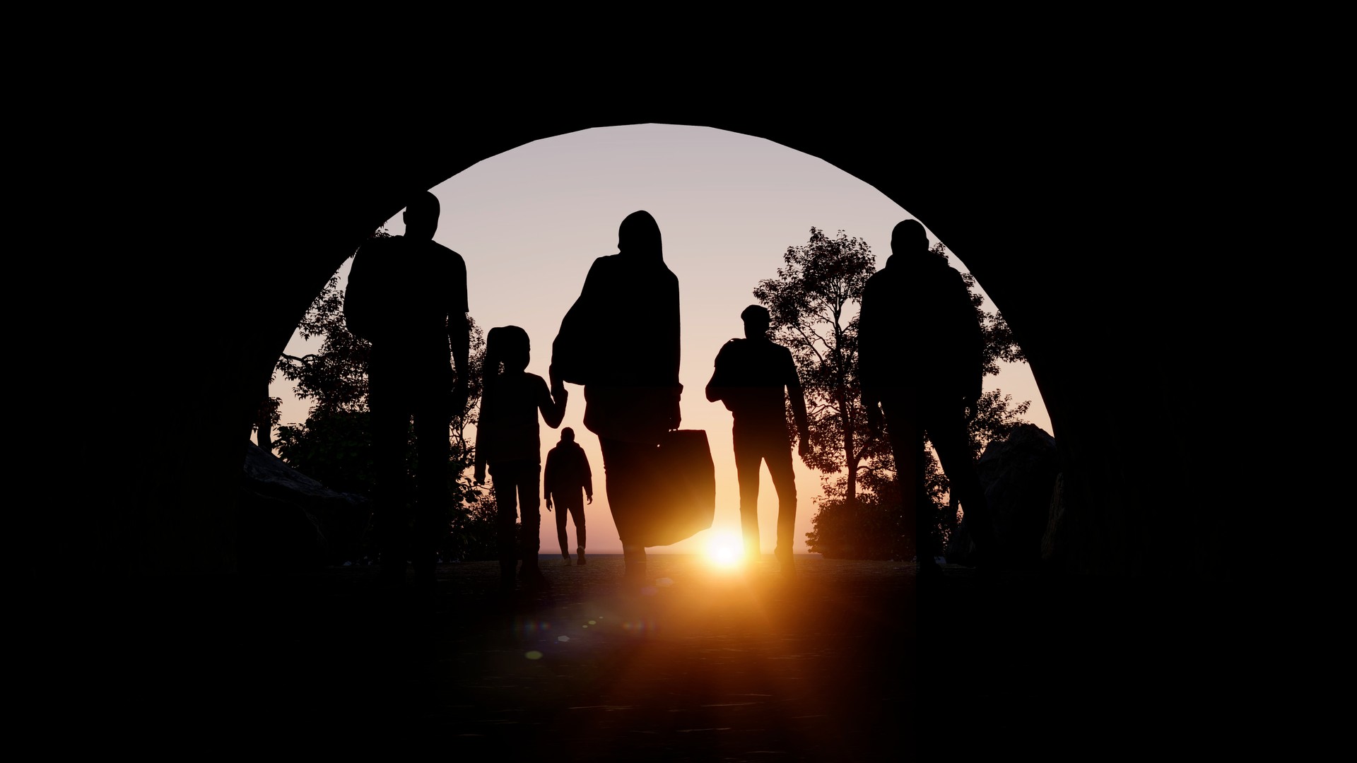 Refugees and immigrants looking for a new hope in life. Silhouette. Column of migrants passing through a tunnel.